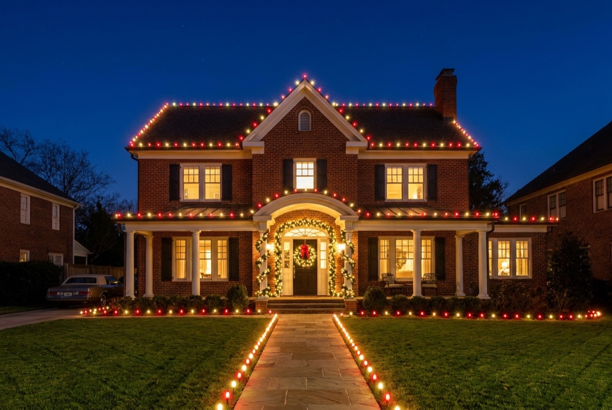 Atlanta brick home with red and warm-white roofline, lit garland on an arched entrance, and a big wreath