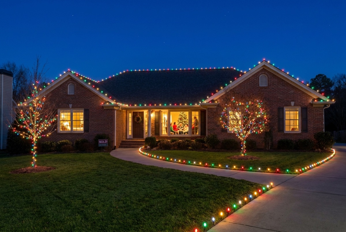 Atlanta ranch home with a cheerful multi-color holiday display and two wrapped front-yard trees