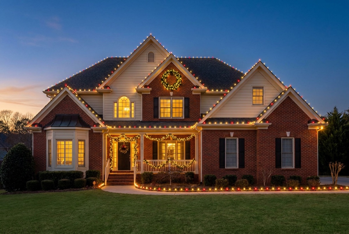 Atlanta home with a warm-white roofline, a big lit wreath, garland over the door, and a lined walkway