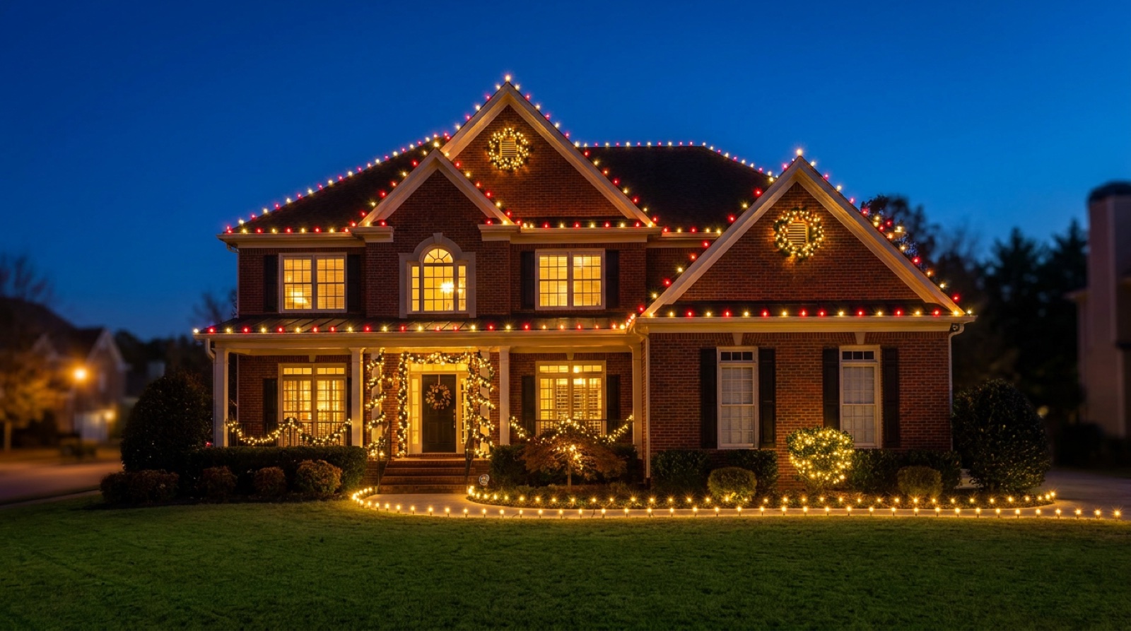 An Atlanta brick home at dusk with a classic red and warm-white Christmas light display, lit wreaths, and garland