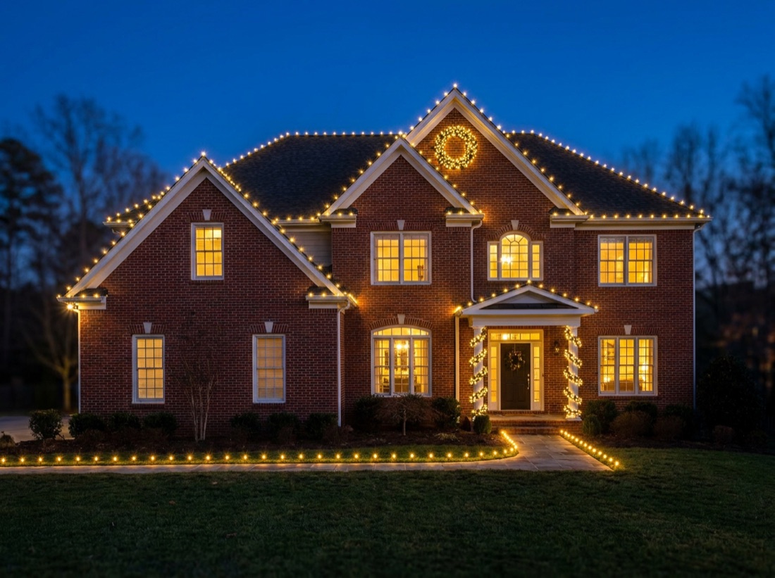 Two-story Atlanta brick home with warm-white roofline lights and a lit wreath