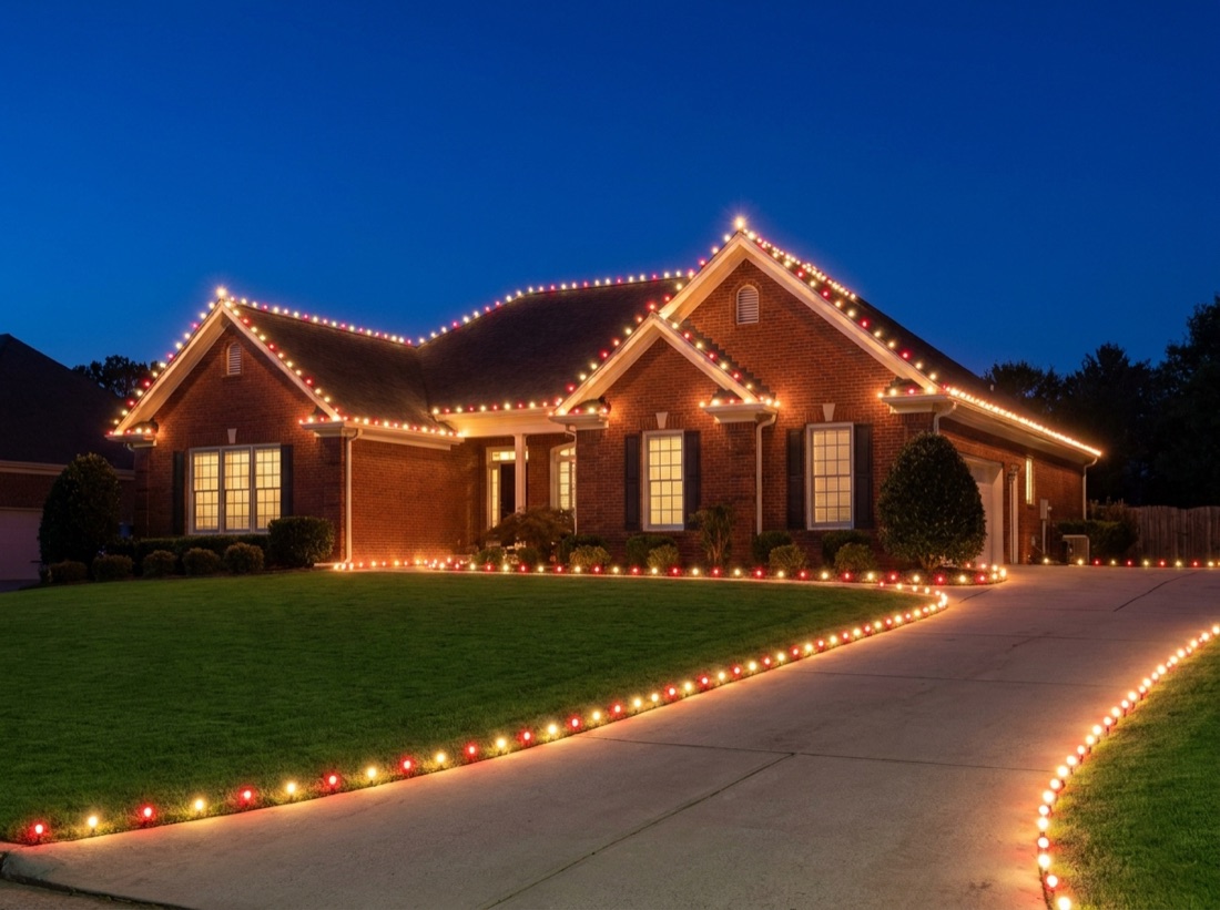 Atlanta ranch home with red and warm-white roofline lights at dusk