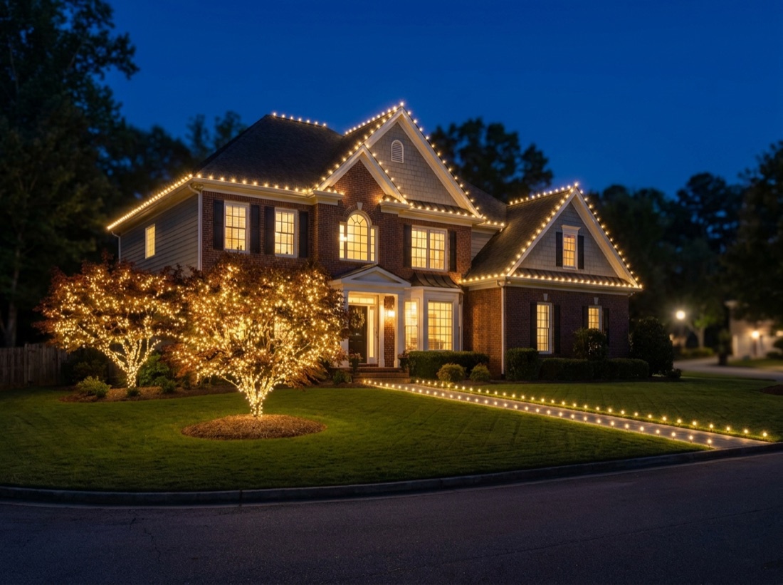 Atlanta home with lit front-yard trees and a lined walkway